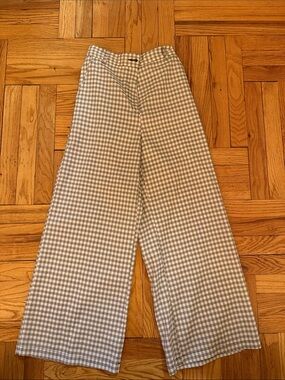 High-Rise Wide-Leg Gingham Trousers - Light Gray/White